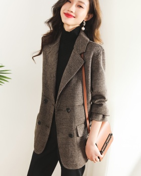 Two-sided woolen coat houndstooth business suit for women