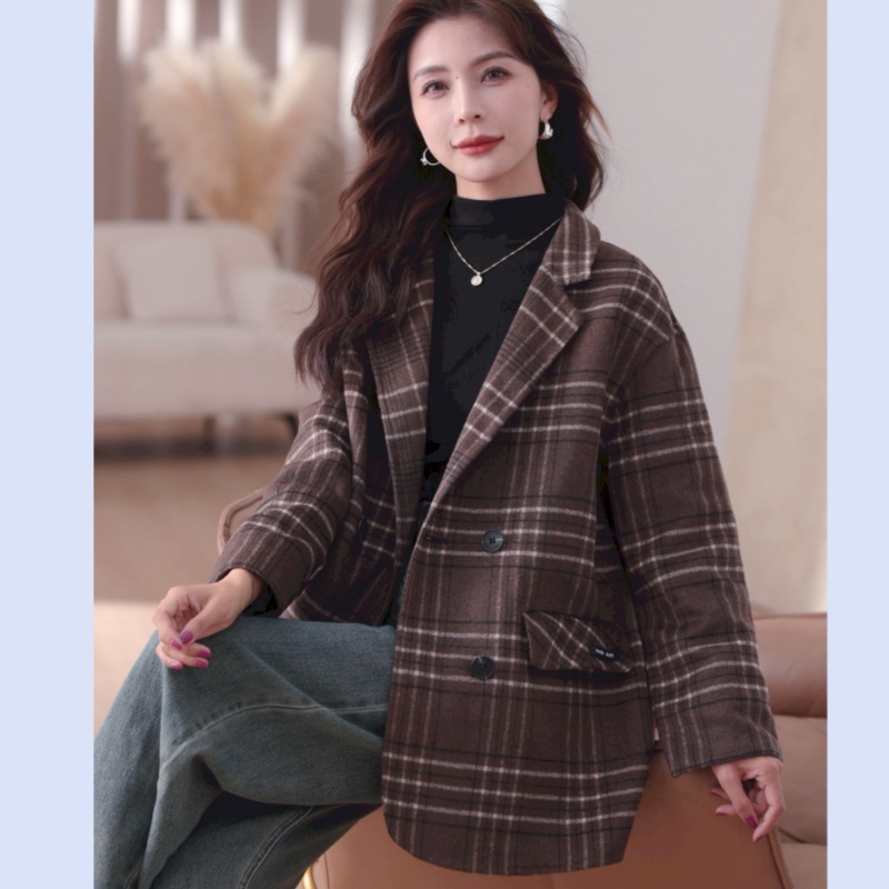 Two-sided woolen coat houndstooth business suit for women