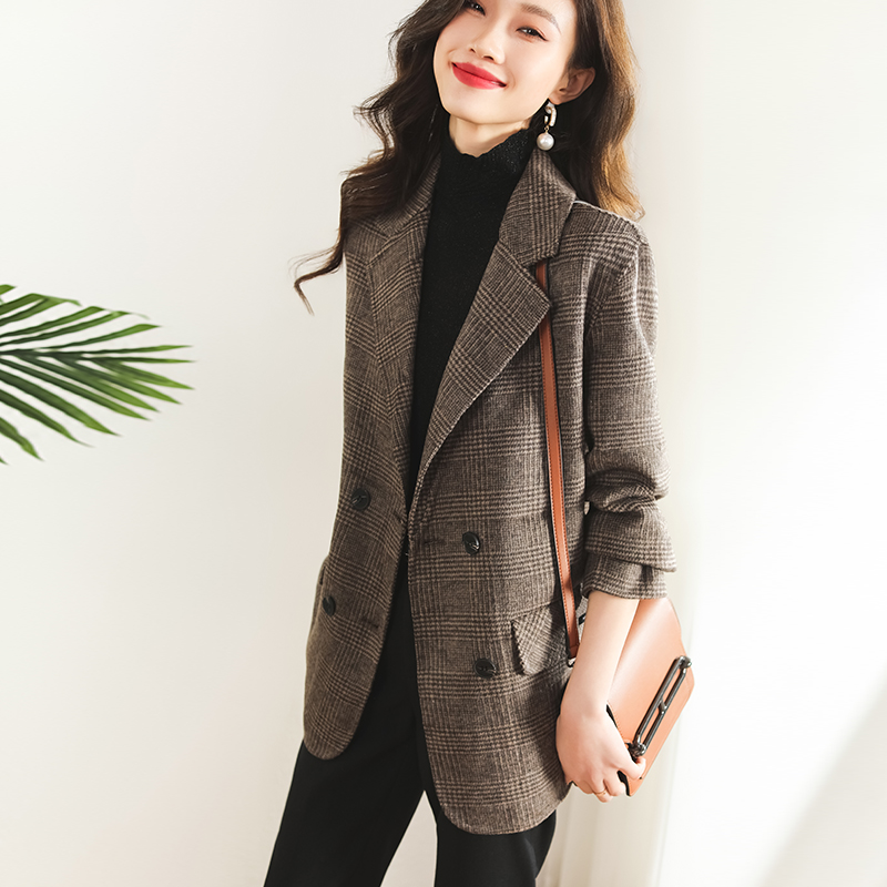 Two-sided woolen coat houndstooth business suit for women