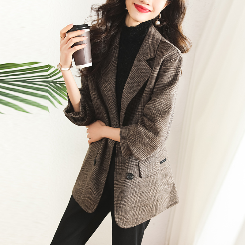 Two-sided woolen coat houndstooth business suit for women