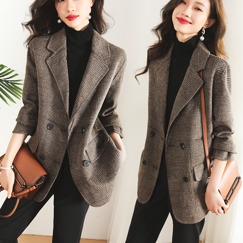 Two-sided woolen coat houndstooth business suit for women