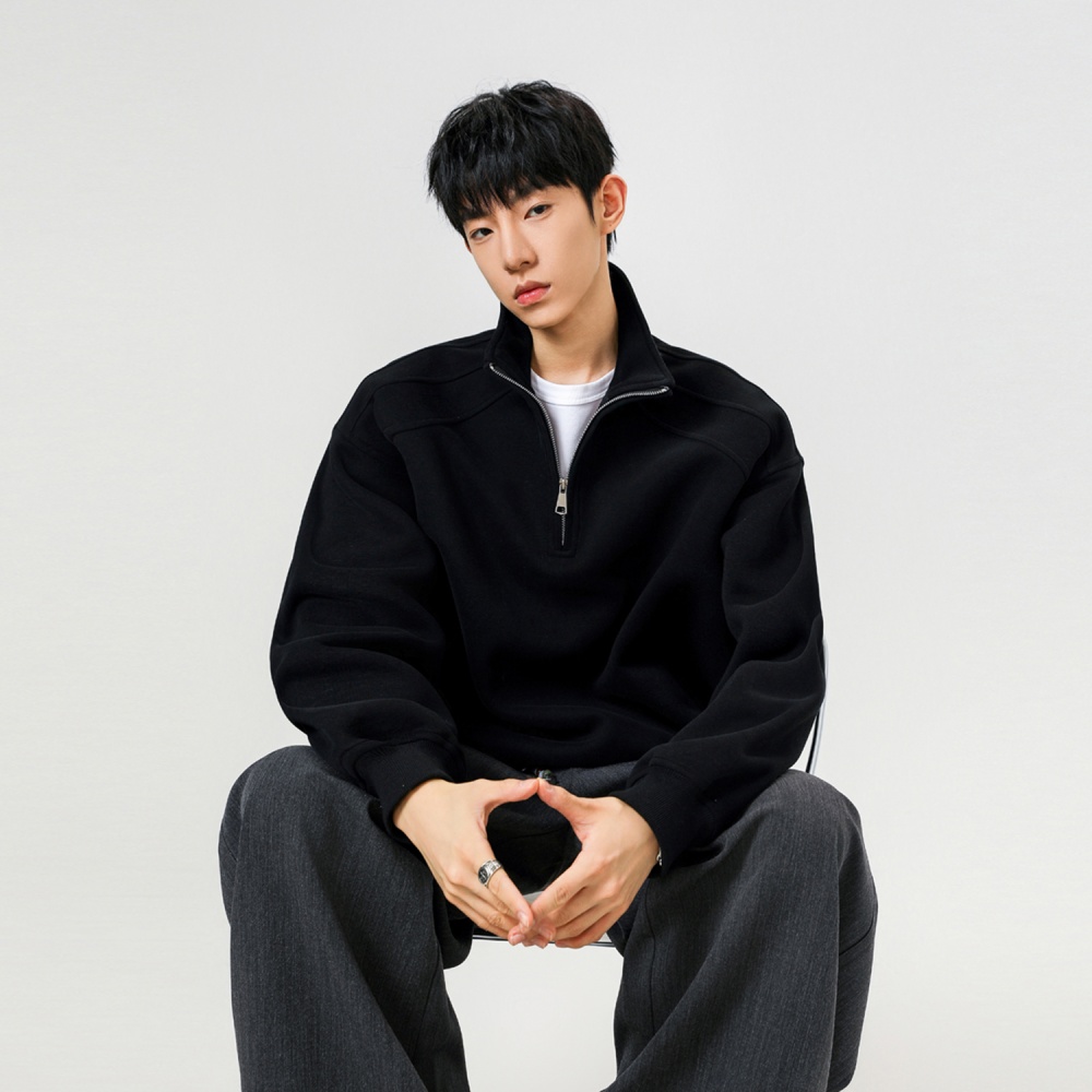 Cstand collar American style hoodie half zip tops for men