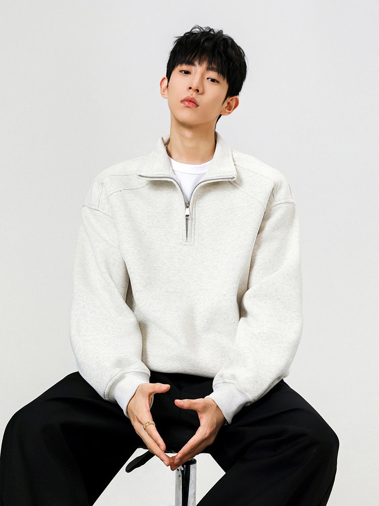 Cstand collar American style hoodie half zip tops for men