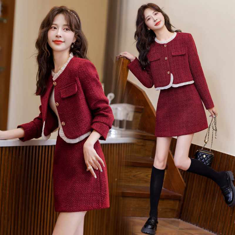 Red wedding short skirt autumn chanelstyle coat a set