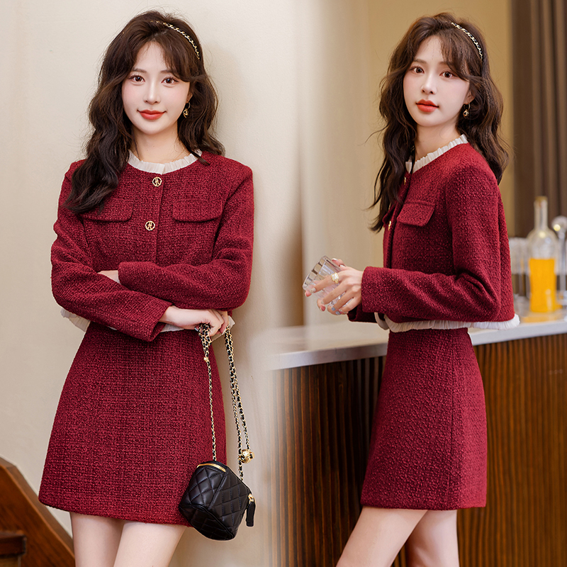 Red wedding short skirt autumn chanelstyle coat a set