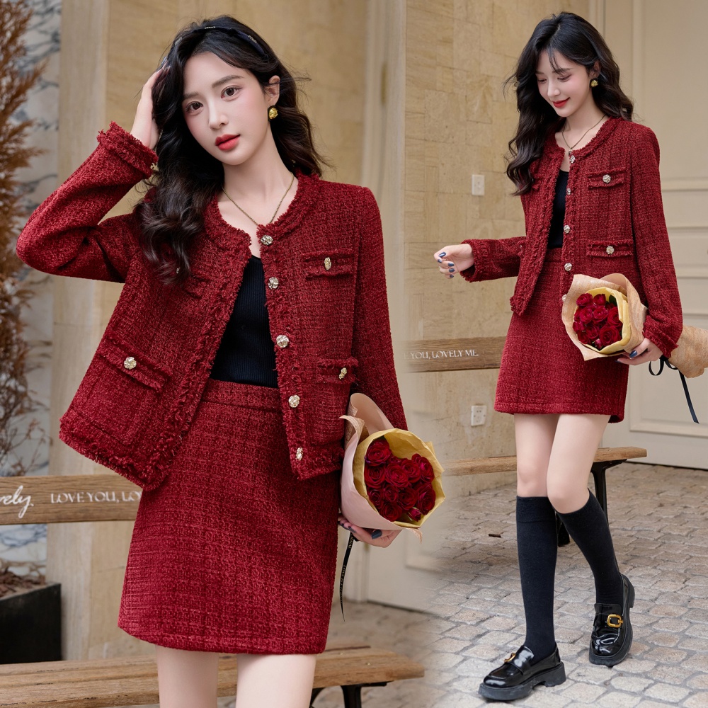 Tassels coarse flower skirt autumn and winter coat 2pcs set