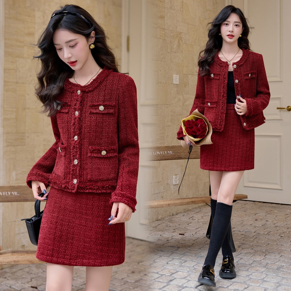 Tassels coarse flower skirt autumn and winter coat 2pcs set