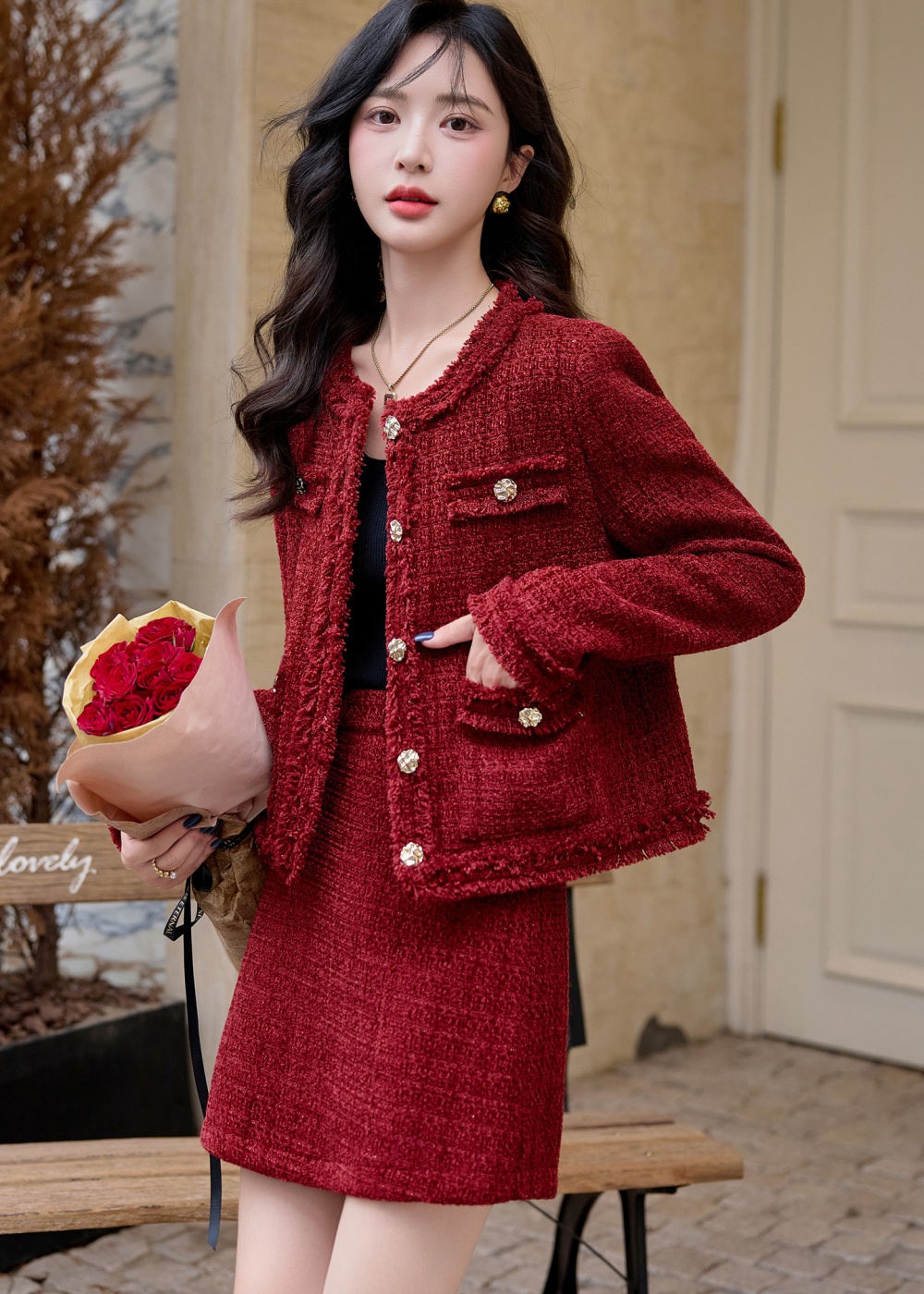 Tassels coarse flower skirt autumn and winter coat 2pcs set