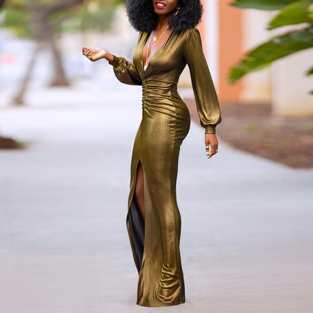 Slim split dress fold V-neck formal dress for women