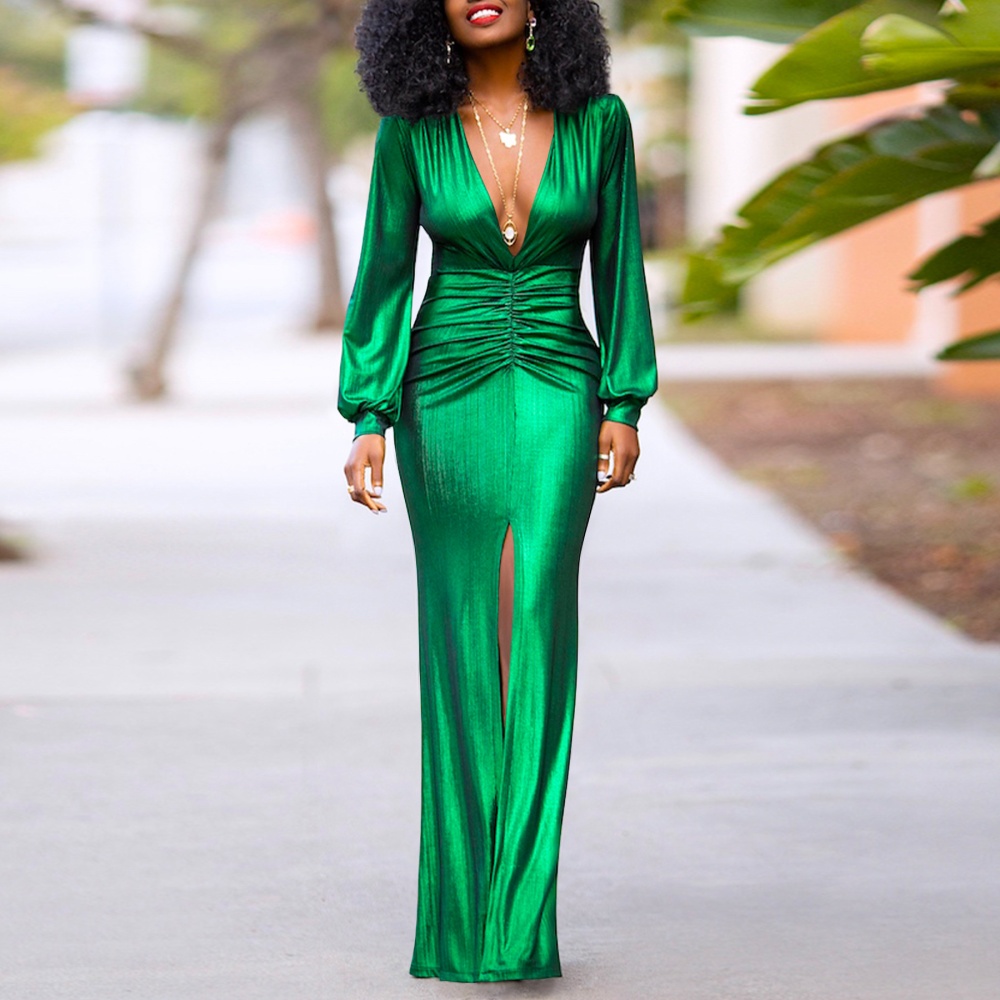 Slim split dress fold V-neck formal dress for women