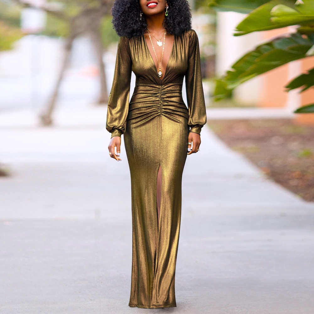 Slim split dress fold V-neck formal dress for women