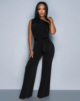 Fashion oblique collar jumpsuit for women