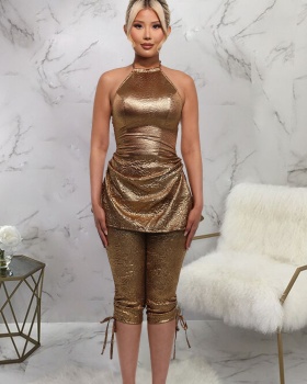 Glossy halter slim tops European style sexy party shorts 2pcs set