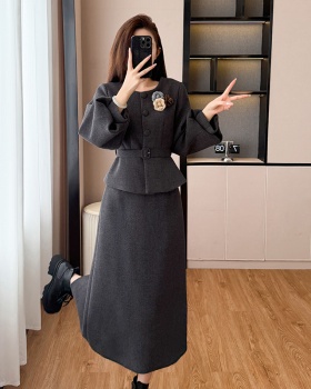 Long skirt Korean style woolen coat 2pcs set