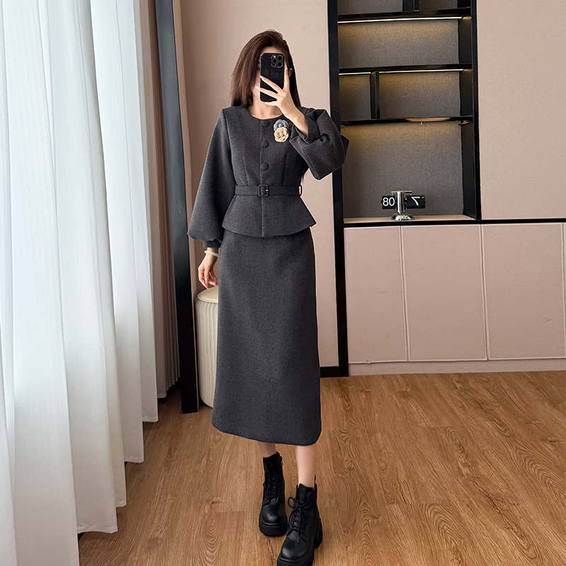 Long skirt Korean style woolen coat 2pcs set