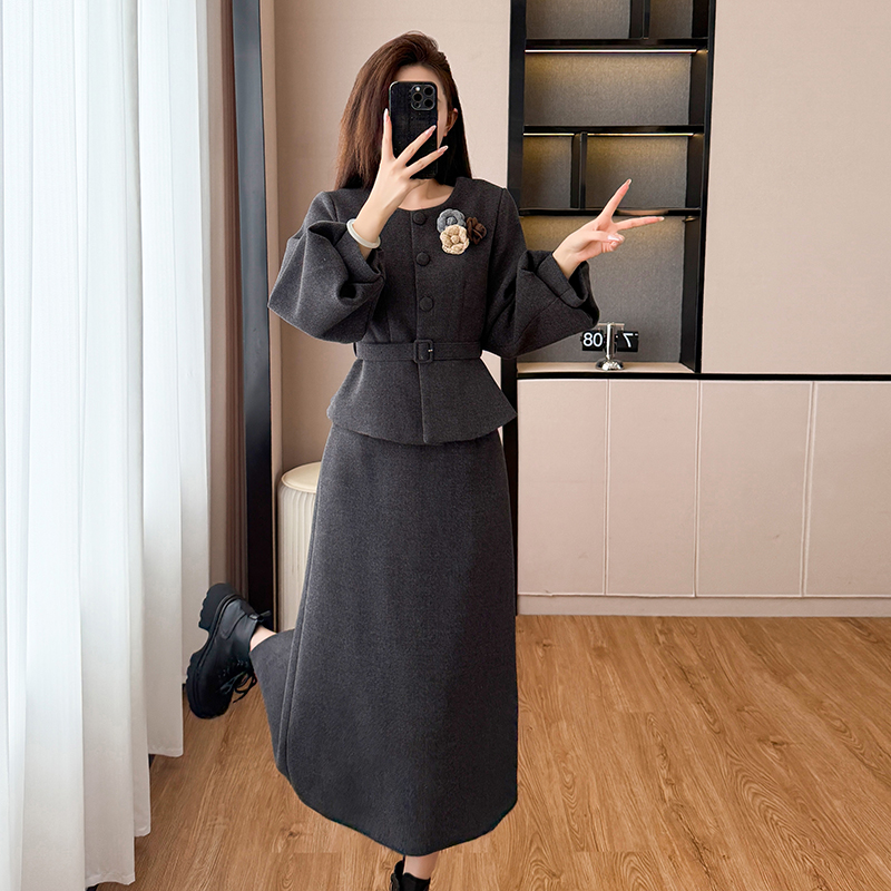 Long skirt Korean style woolen coat 2pcs set
