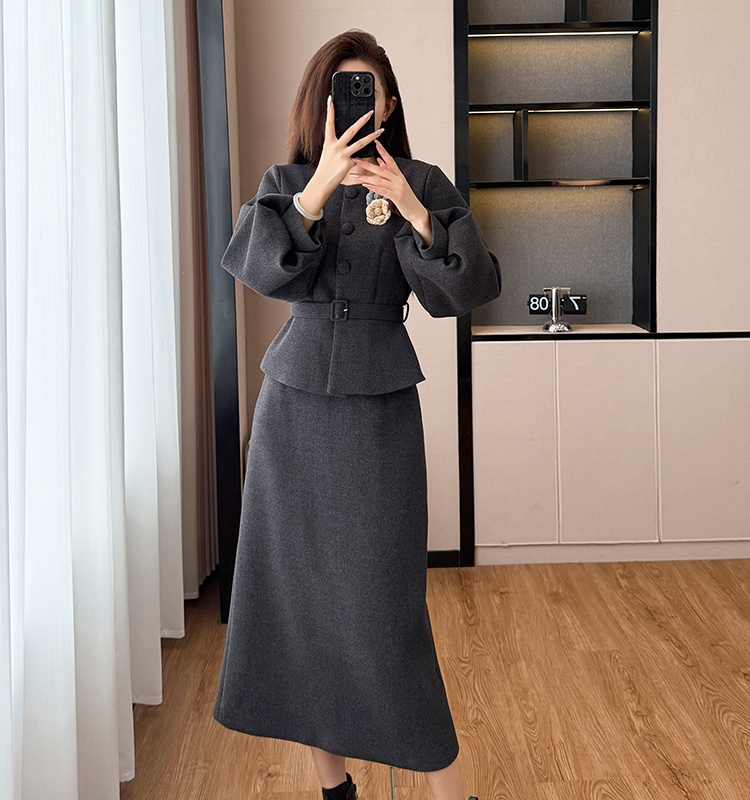 Long skirt Korean style woolen coat 2pcs set