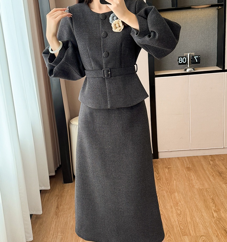 Long skirt Korean style woolen coat 2pcs set