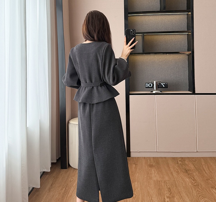Long skirt Korean style woolen coat 2pcs set