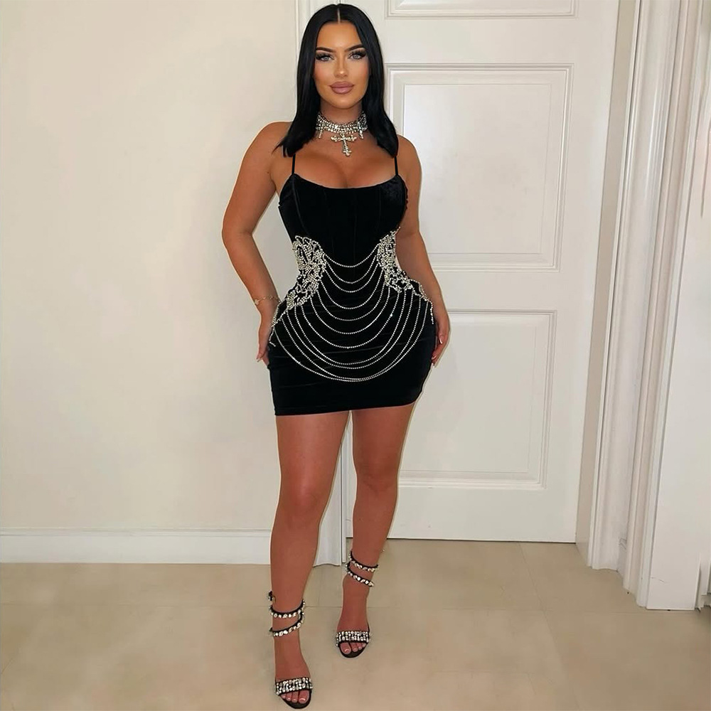 Sling sexy package hip rhinestone dress for women