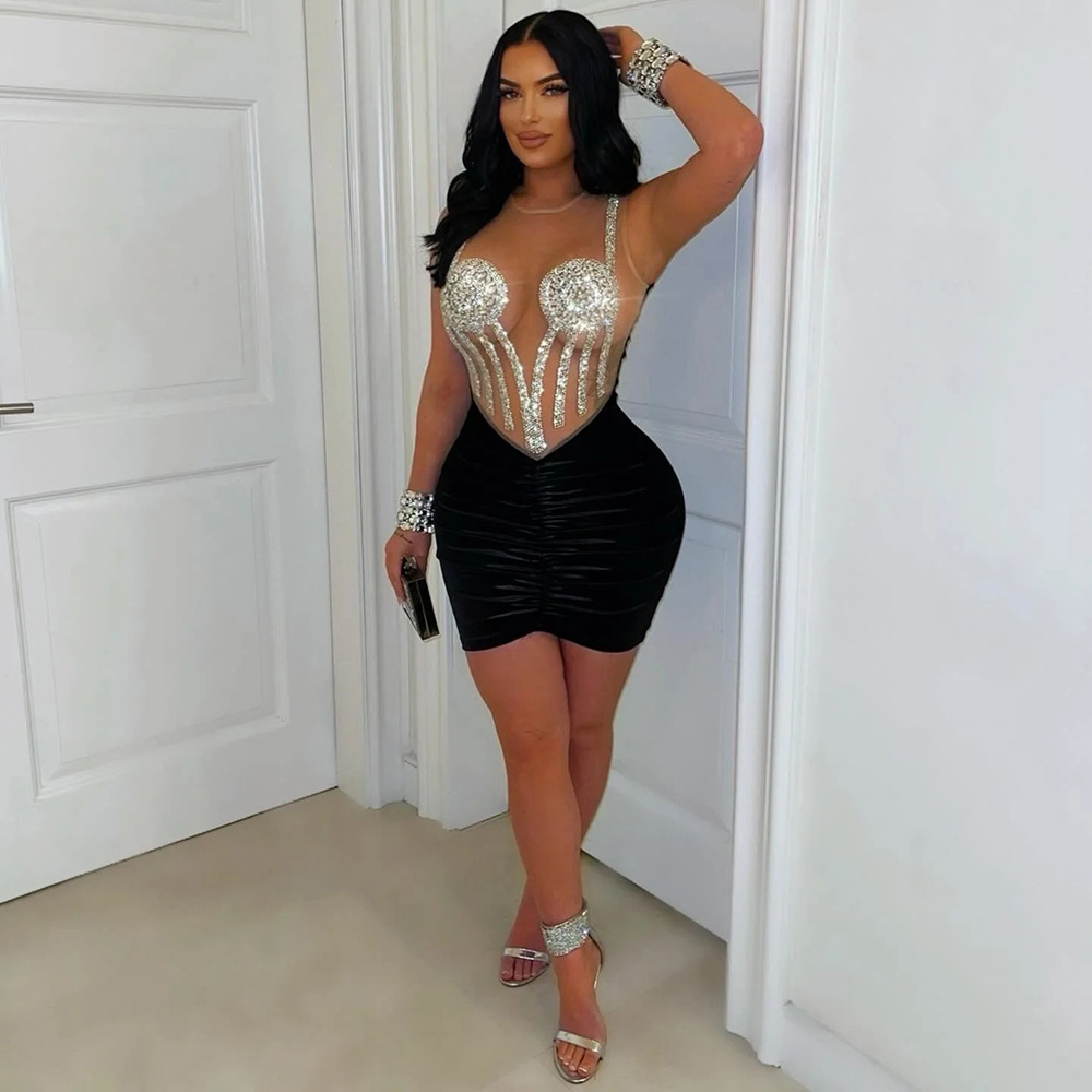 Gauze splice European style short sexy dress for women