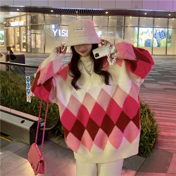 Gradient quilted knitted coat winter thick sweater for women