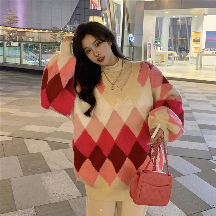 Gradient quilted knitted coat winter thick sweater for women