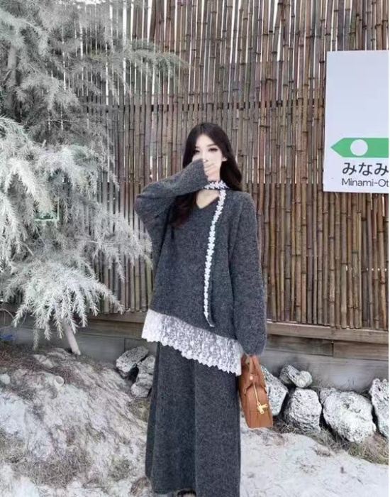 Tender lace tops autumn and winter sweater 2pcs set