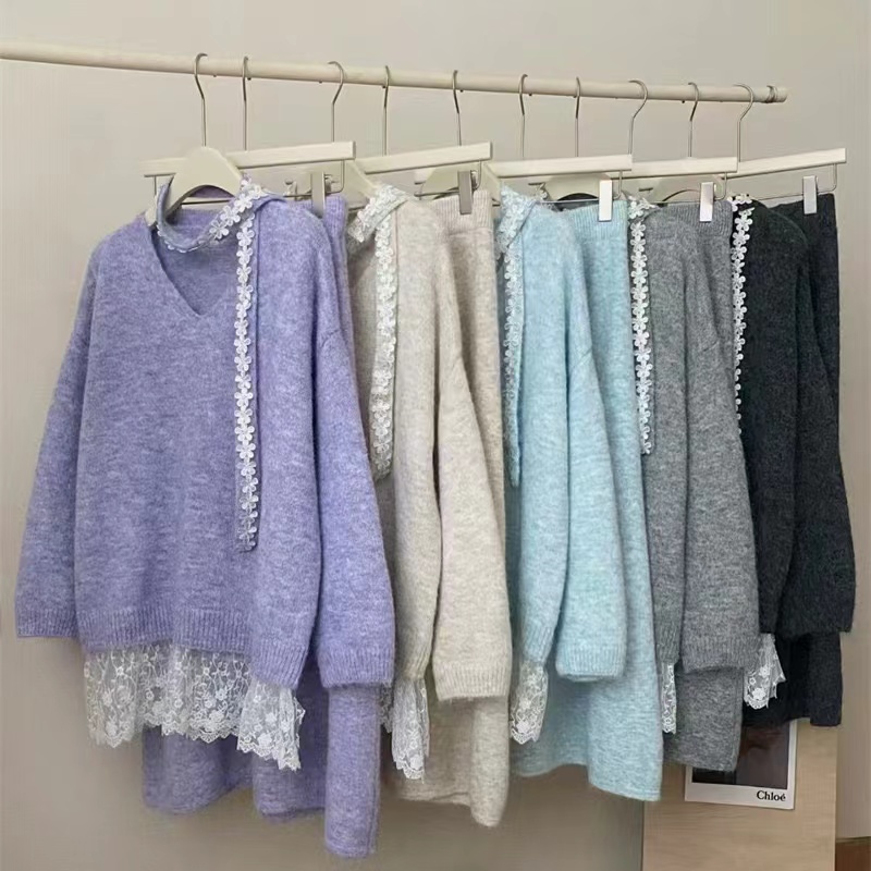 Tender lace tops autumn and winter sweater 2pcs set