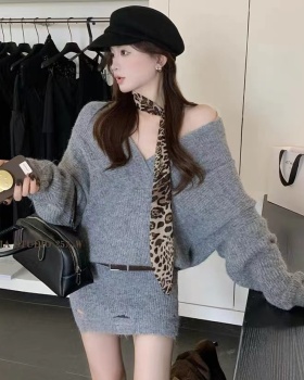 V-neck loose sweater Korean style long sleeve dress
