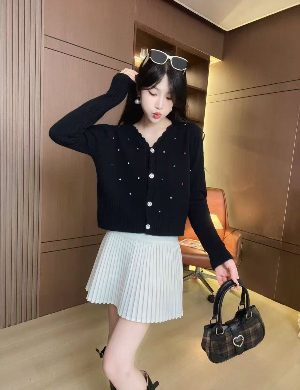 Sling niche sweater autumn rhinestone stone cardigan 2pcs set