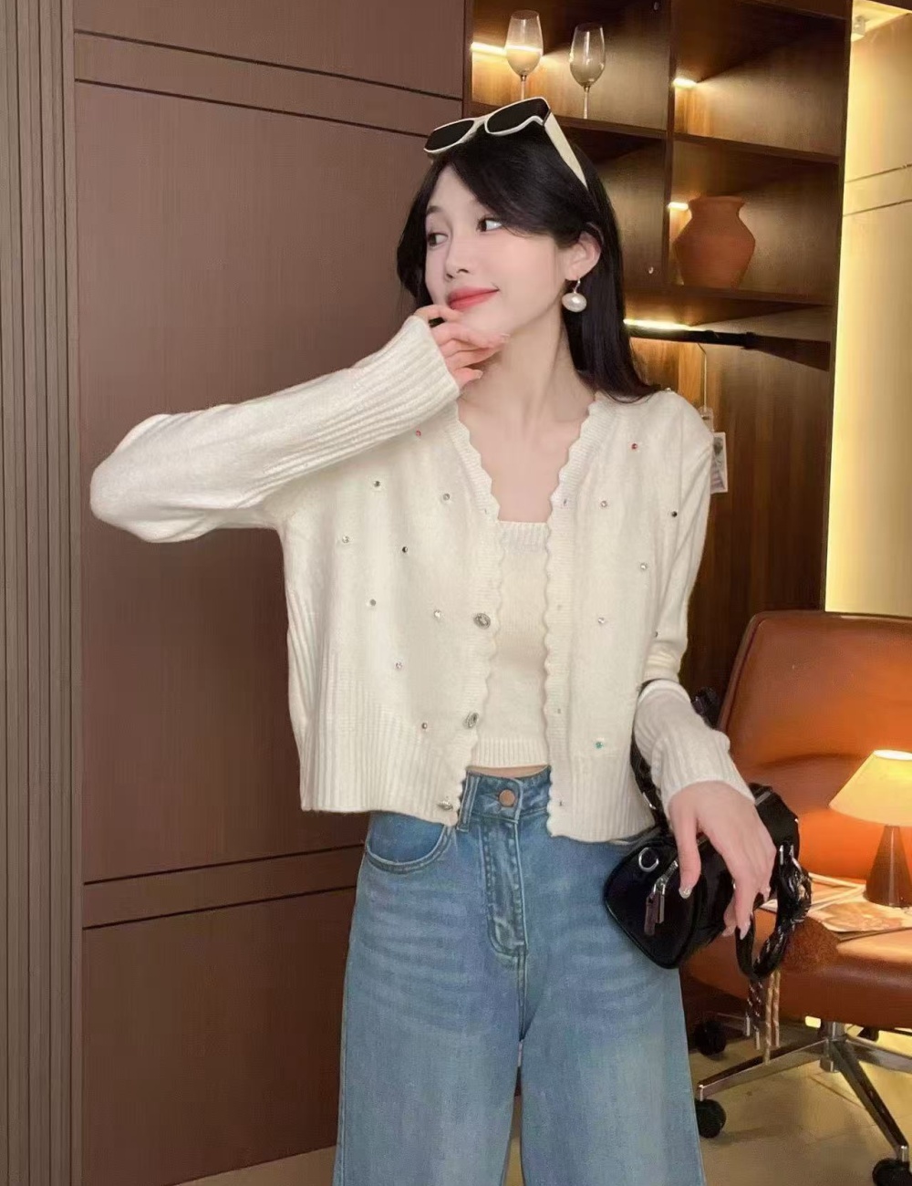 Sling niche sweater autumn rhinestone stone cardigan 2pcs set