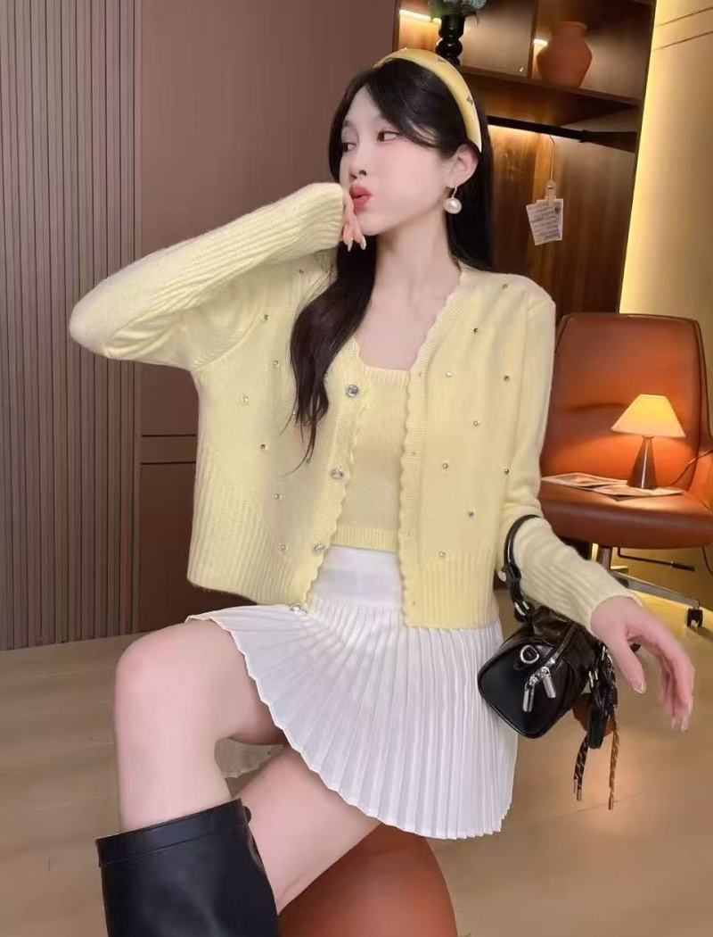 Sling niche sweater autumn rhinestone stone cardigan 2pcs set