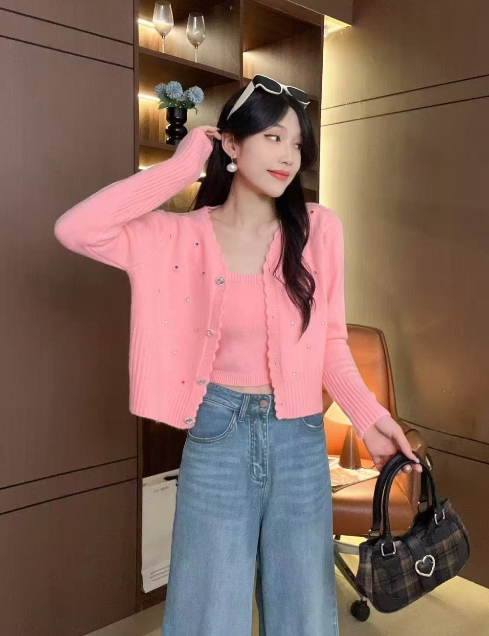 Sling niche sweater autumn rhinestone stone cardigan 2pcs set