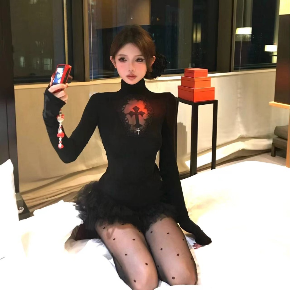 Crosses spicegirl T-shirt high collar retro tops for women