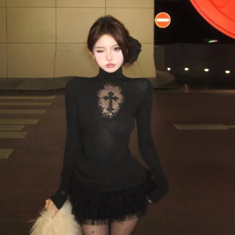 Crosses spicegirl T-shirt high collar retro tops for women