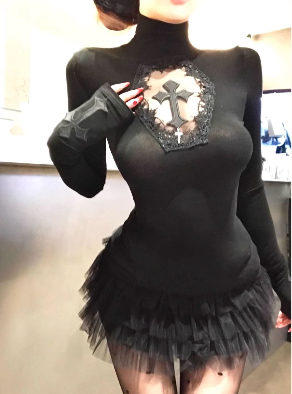 Crosses spicegirl T-shirt high collar retro tops for women