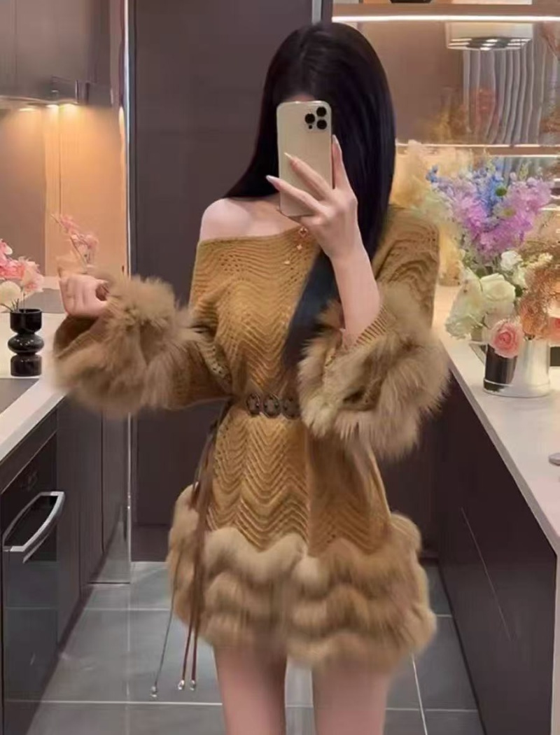 Knitted long sleeve dress autumn high waist sweater for women