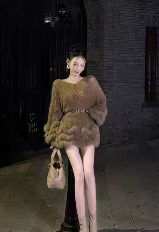 Knitted long sleeve dress autumn high waist sweater for women