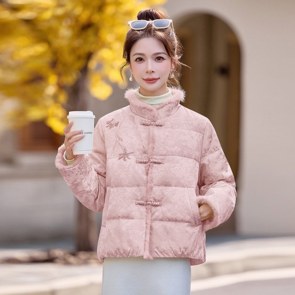 Jacquard white mink hair Chinese style splice down coat