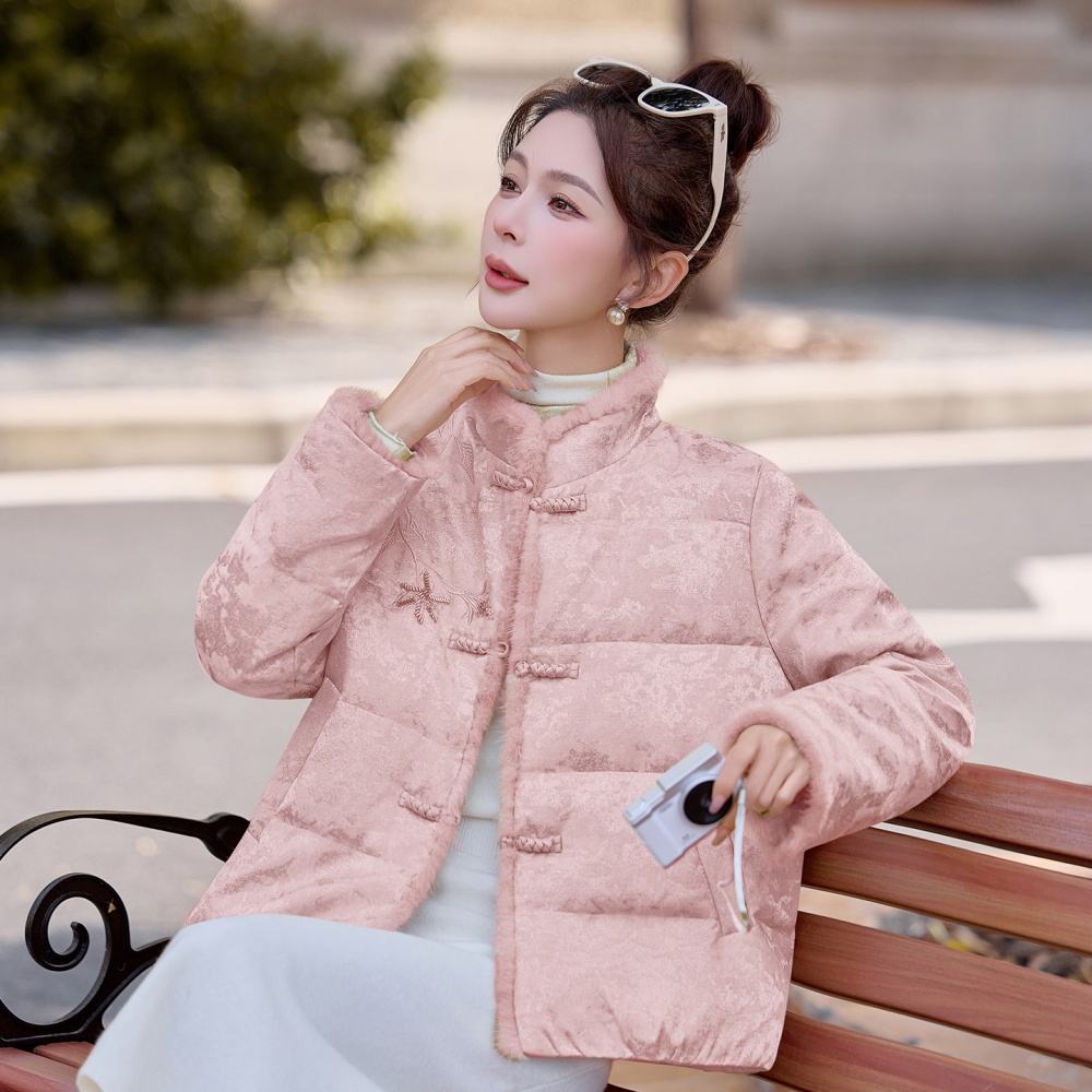 Jacquard white mink hair Chinese style splice down coat