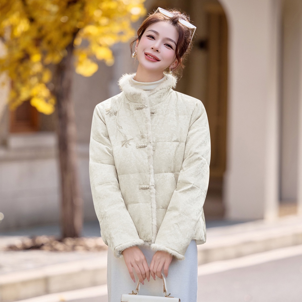 Jacquard white mink hair Chinese style splice down coat