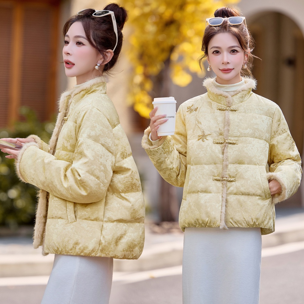 Jacquard white mink hair Chinese style splice down coat