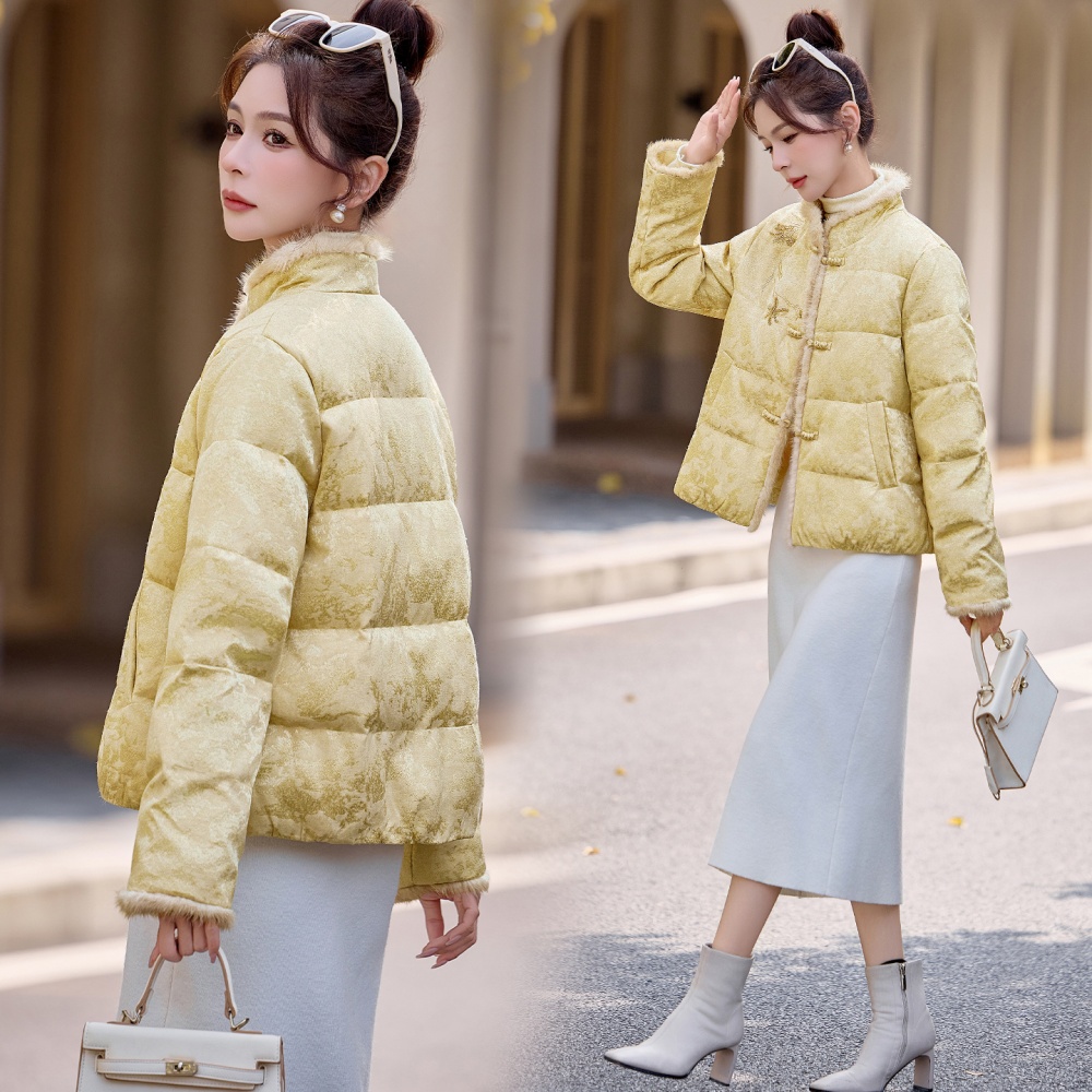 Jacquard white mink hair Chinese style splice down coat