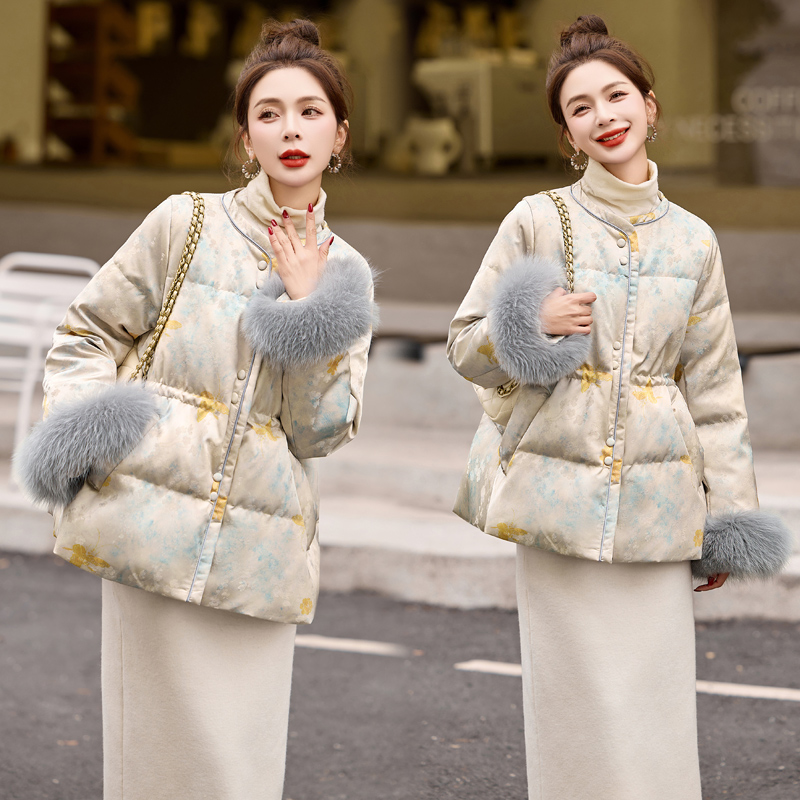 Pinched waist jacquard coat cuff down coat for women