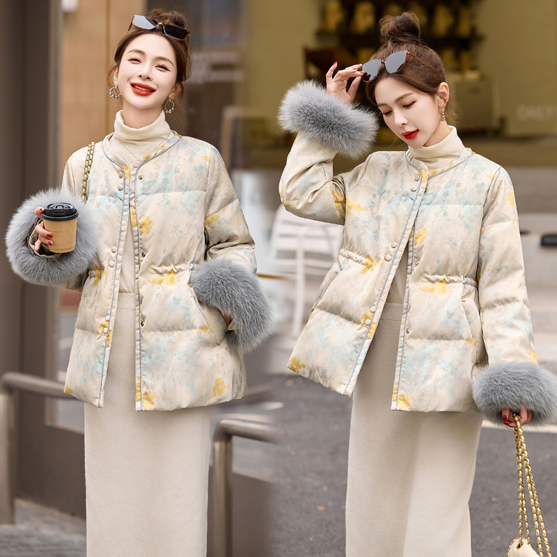 Pinched waist jacquard coat cuff down coat for women