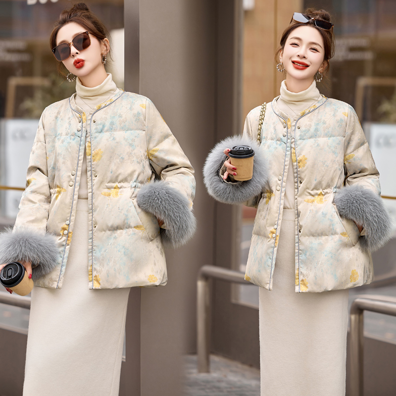 Pinched waist jacquard coat cuff down coat for women