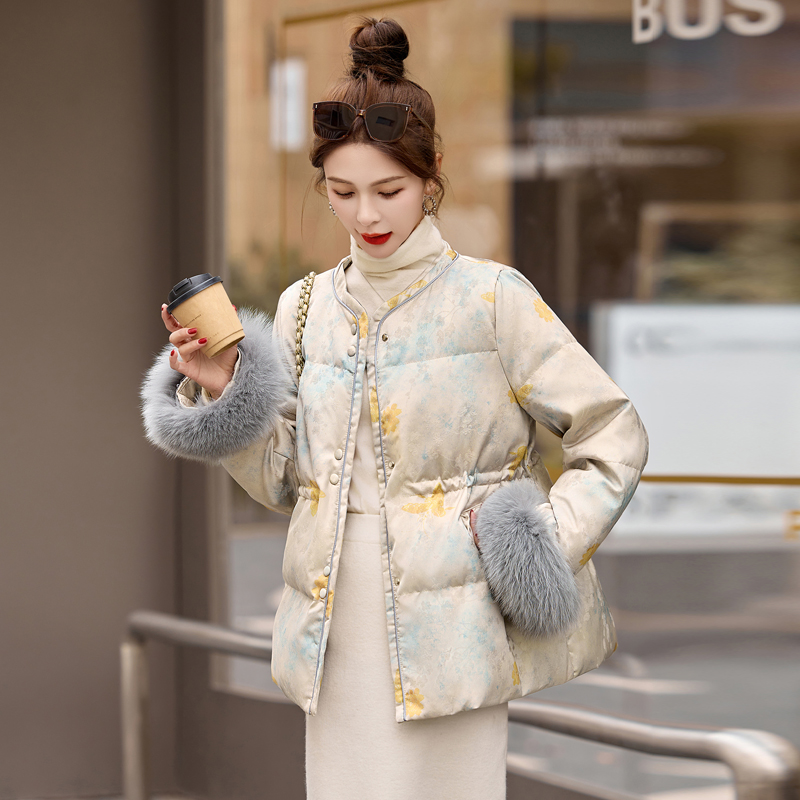 Pinched waist jacquard coat cuff down coat for women