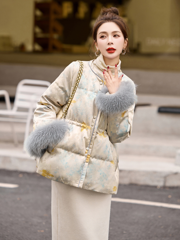 Pinched waist jacquard coat cuff down coat for women