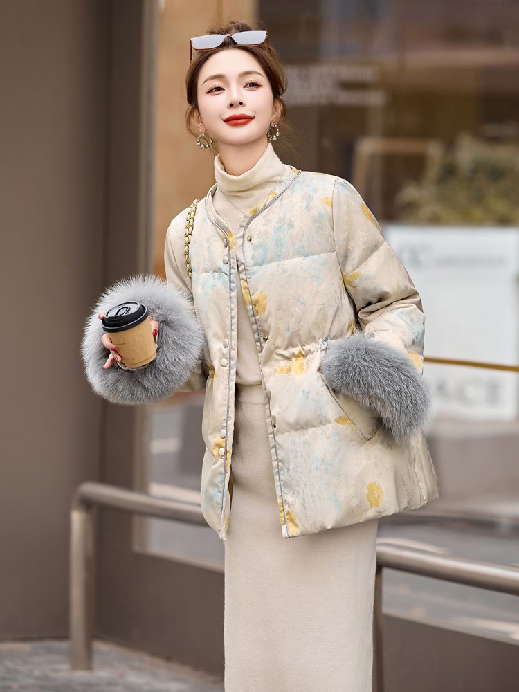 Pinched waist jacquard coat cuff down coat for women